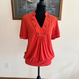 L8tr Bubble Hem Top Womens XL Red Split Neck Crest Button Short Sleeve Knit